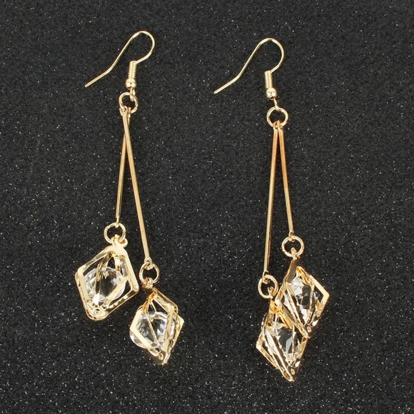 3/$35 Gold Geometric Long Drop Dangle Earrings Clear Stones Crystal Diamond - Picture 5 of 7